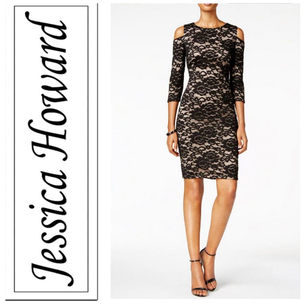 NWOT Jessica Howard Womens Cold Shoulder Lace Sheath Dress Size 12 Black/Tan